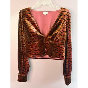 Le Lis Tiger Stripe Velvet Metallic Crop Top V-Neck Festival Maximalist Indie